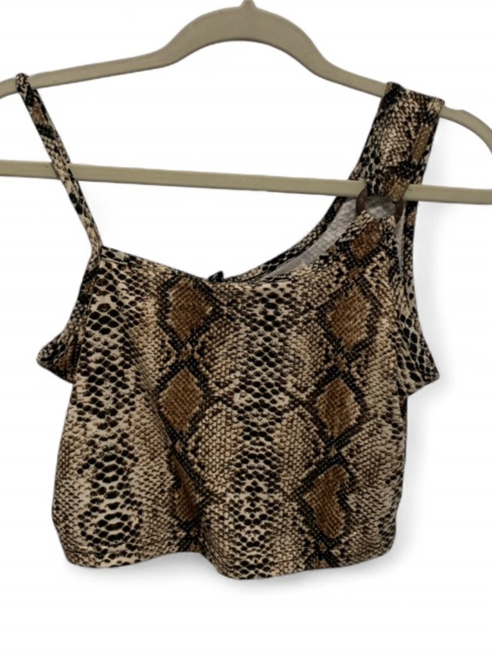 Zaful Snake Print One-Shoulder Crop Top - Brown Tan